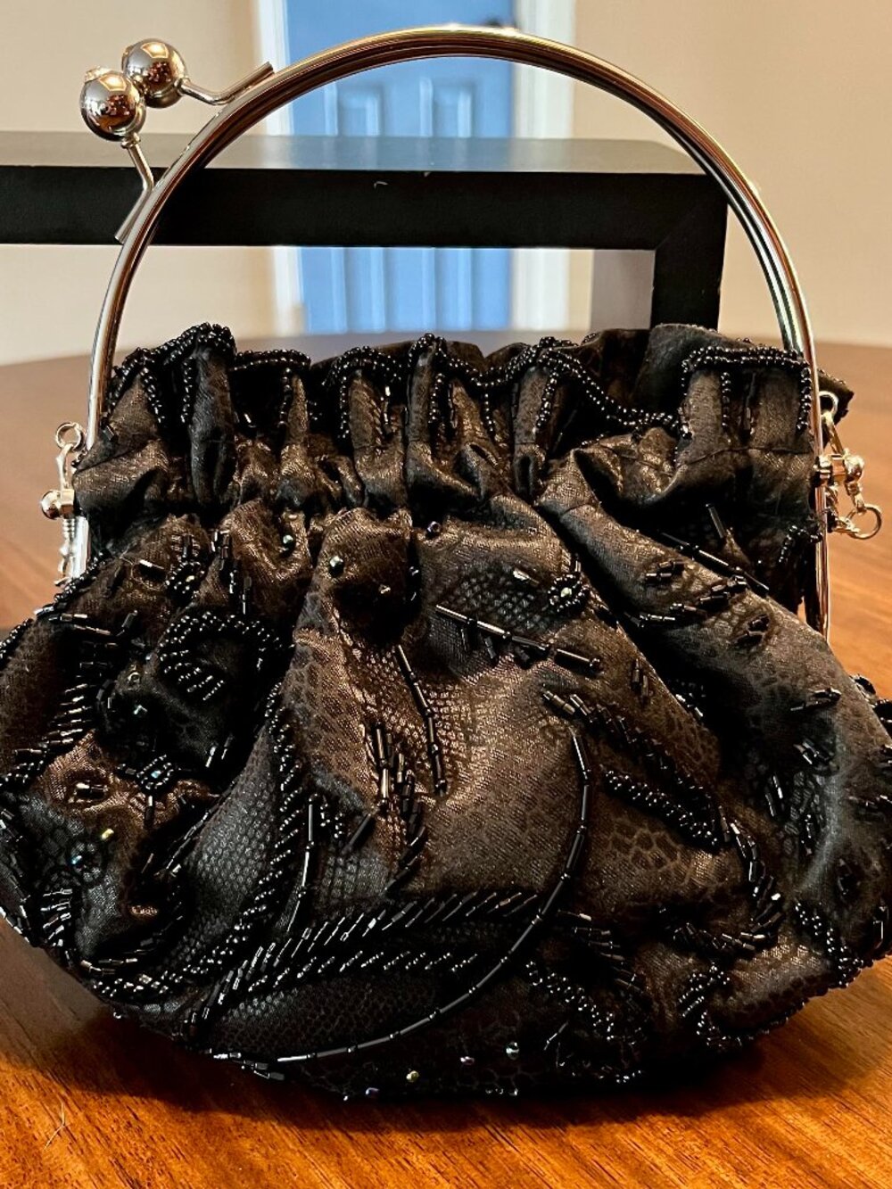 Black Satin Evening Bag Silver Round Metal Handle Long Chain Intricate Beadwork